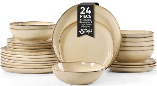 Herogo Dinnerware Sets for 8, 24pcs Stoneware Dinner Dish Set, Irregular Handmade Plates and Bowls Dishware, Crack and Scratch Resistant, Microwave & Dishwasher Safe, Cream Khaki