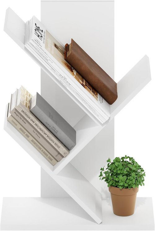 Furinno 3-Tier Tree Bookshelf - Stylish Angled Open Design for Room Decor | White, 8.4 x 15.7 x 21.3 Inches
