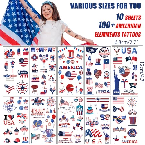 American Flag Temporary Tattoos - 10 Sheets Independence Day Party Favors