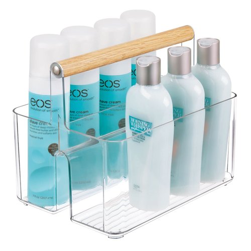 mDesign Plastic Portable Shower Caddy Divided Basket Bin Storage Organizer with Bamboo Handle for Bathroom, Dorm, Shelf & Cabinet Holds Shampoo, Conditioner - Aura Collection, Clear/Natural