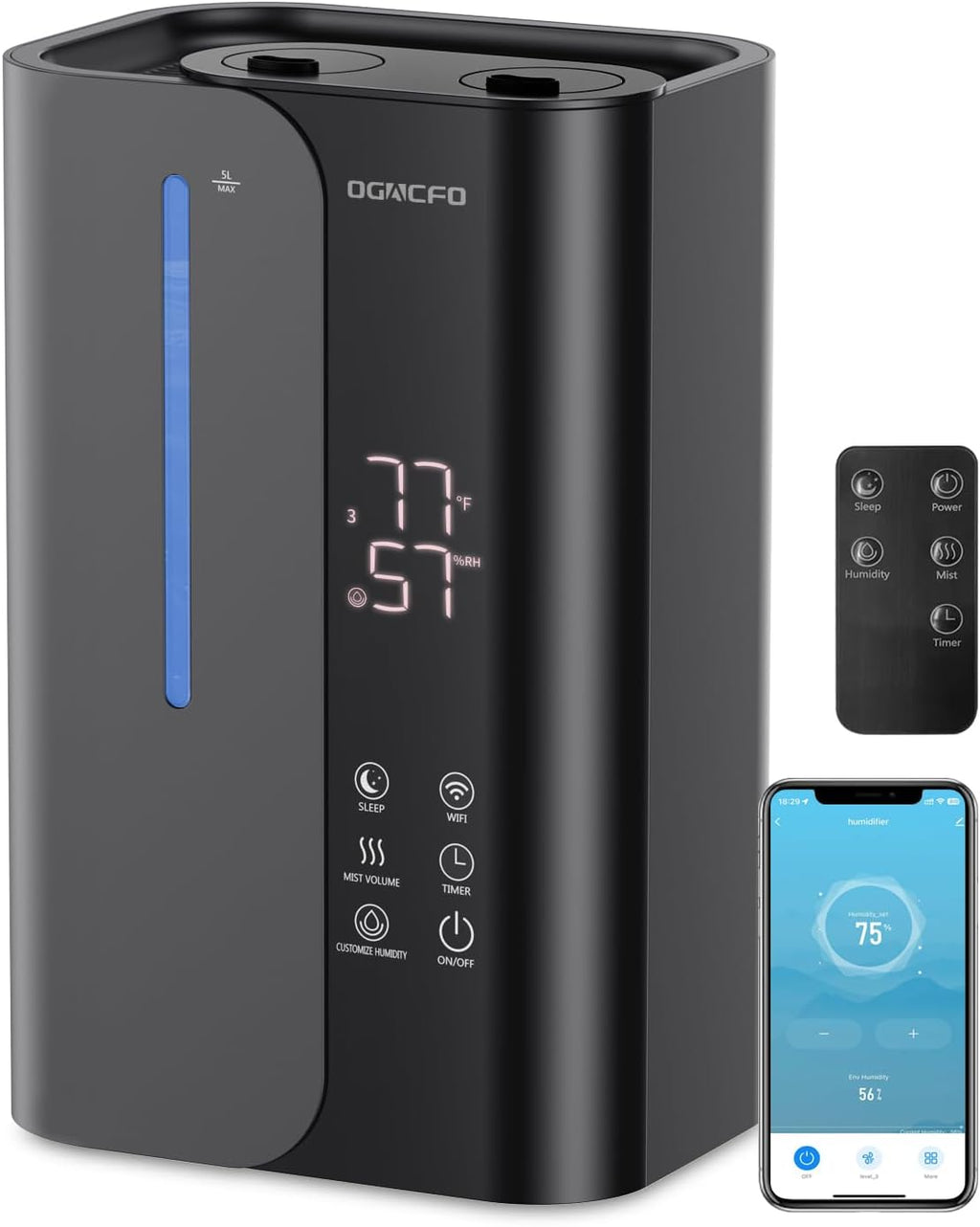 OGACFO 5L Smart Air Humidifier - Top Fill Design with Essential Oils | 50H Runtime, Quiet 28 dB for Home & Nursery