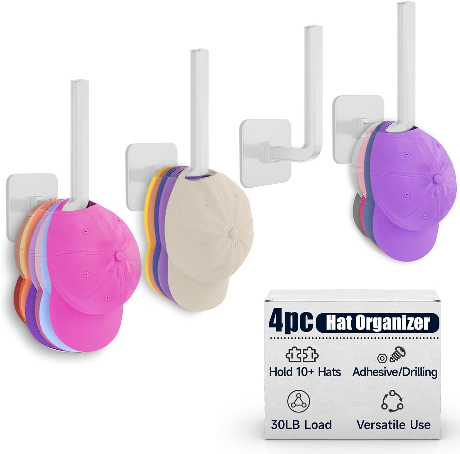 Skiennix Hat Hooks - 4 Pack Wall-Mounted Baseball Cap Organizer | Holds 40 Hats, White, 5 in
