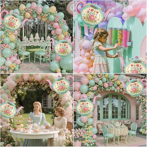 35" Green Blue Teapot Balloons - 4 Pcs Foil Tea Party Decorations
