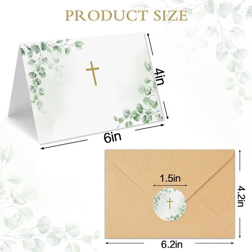 CYGGUN 25 Pack Religious Blank Cards with Envelopes, 4 x 6 Inch Cross Watercolor Eucalyptus Leaves Greeting Card with Envelopes for Baptism, Prayer, Christening, Wedding, First Communion