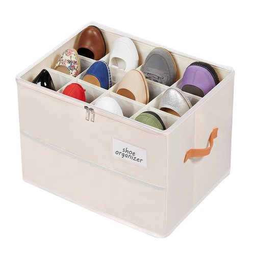 Chewlish Shoe Organizer for Closet, Foldable Shoe Box Storage Containers with Clear Cover, Smooth Zipper, Reinforced Handles and Bottom Support, Space Saving Shoes Holder, Beige (1, Small)