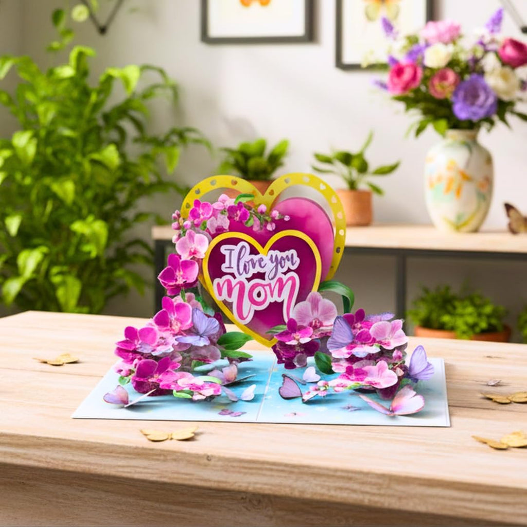 Regine Switzerland 3D Pop-Up Mother's Day Card - "I Love You Mom" Orchid Design | Premium Greeting Card with Envelope