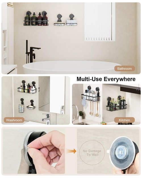 JOTPE Suction Cup Shower Shelf, 5 Pack Powerful Suction Cup Caddy with Hooks & Soap Holder, Drill-Free Wall Mounted Suction Basket, Large Capacity Removable Bathroom Storage, Hanging Up to 40lb/18KG