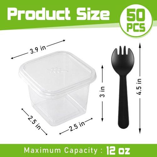 Slomg 100 Pack 12 oz Plastic Dessert Cups with Lids and Forks, Disposable Cupcake Tiramisu Containers Ice Cream Bowls for Yogurt Trifle Candy, Clear Square Parfait Fruit Cups for Appetizer Snack Salad