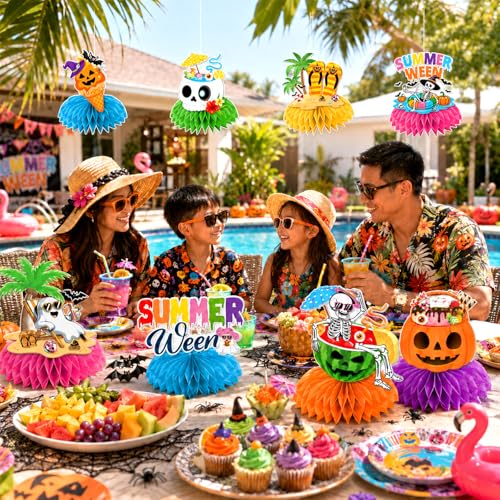 Summerween Honeycomb Centerpieces - 12 pcs Tropical Halloween Decor