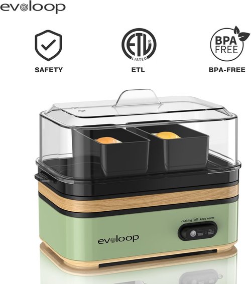 Evoloop Rapid Egg Cooker - Electric 6 Egg Capacity | Soft, Medium, Hard Boiled & Poached Eggs - BPA Free (Green)