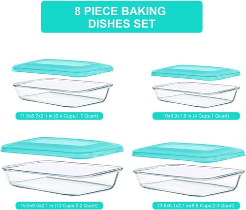 KOMUEE Glass Baking Dish Set - 8 Pieces with BPA-Free Lids | Rectangular Bakeware for Lasagna & Leftovers