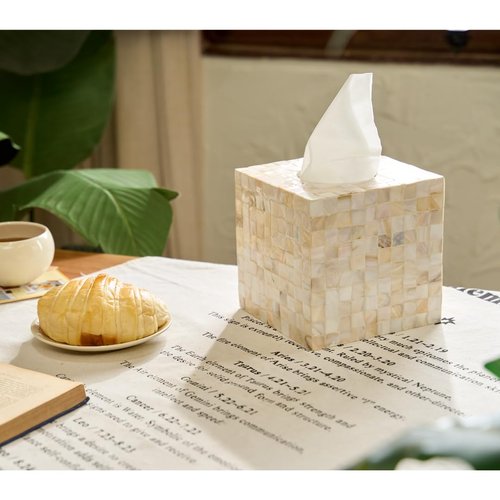 5.9” Mother of Pearl Tissue Box Cover for Kleenex and More – Handcrafted Square Tissue Holder with Sliding Bottom – Decorative Napkin Dispenser for Bathroom, Bedroom, Kitchen, Office