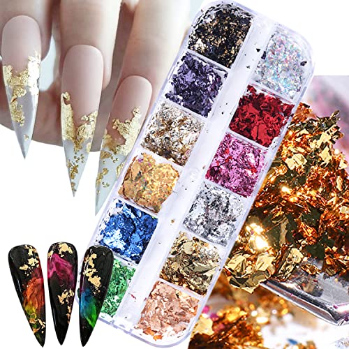 Vezocim Holographic Nail Art Foil Flakes, 12 Colors Sparkly Ultra-Thin Laser Sequins for Acrylic Nails and Manicure DIY