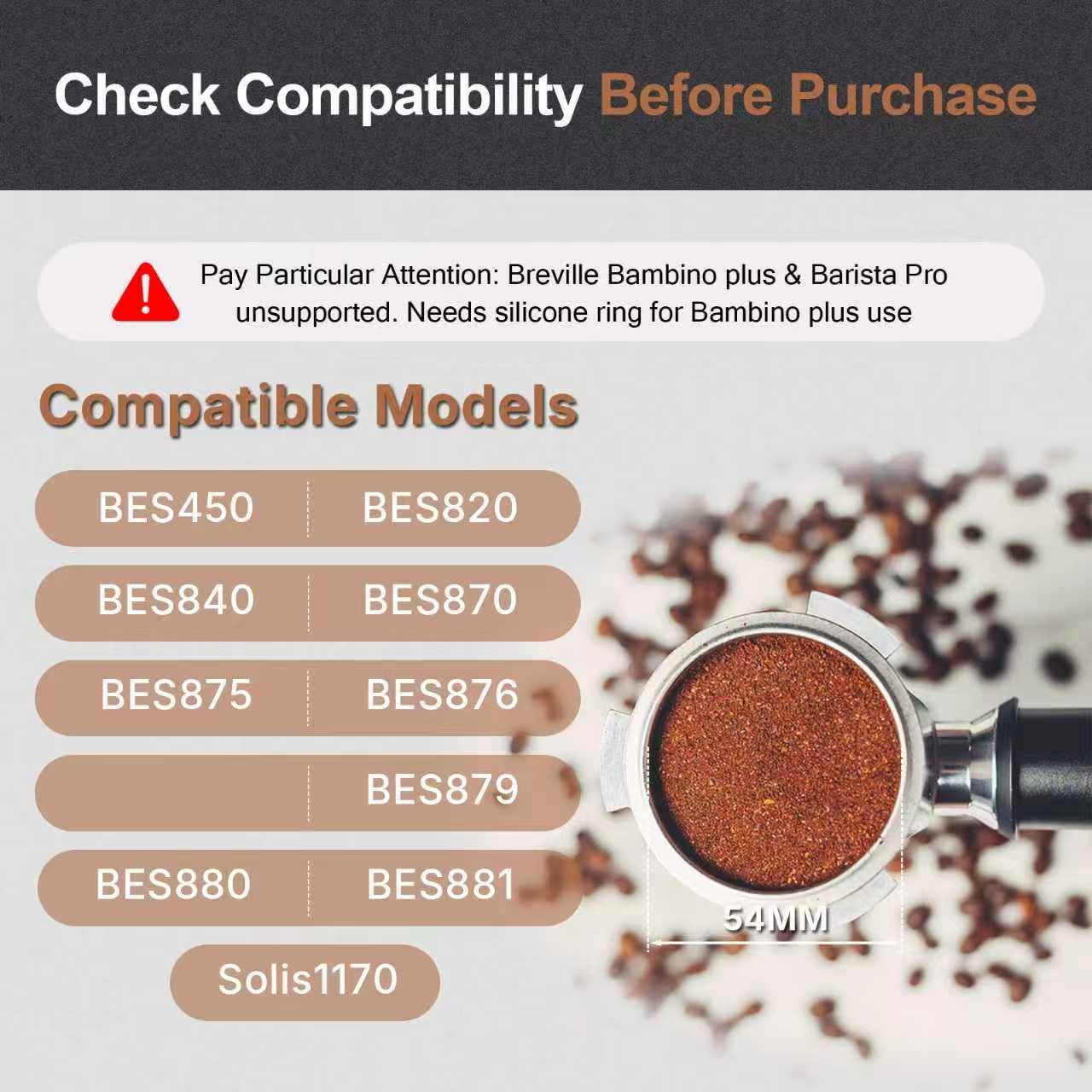 WhaleSiper Bottomless Portafilter 54mm Compatible with Breville BES870/880 & Solis etc., 3-Ear Stainless Head