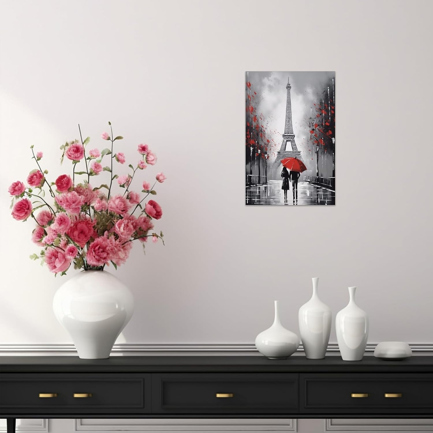 ZXHYWYM Paris Wall Decor - Framed Eiffel Tower Canvas Painting | Romantic Couple Poster (12" x 18")