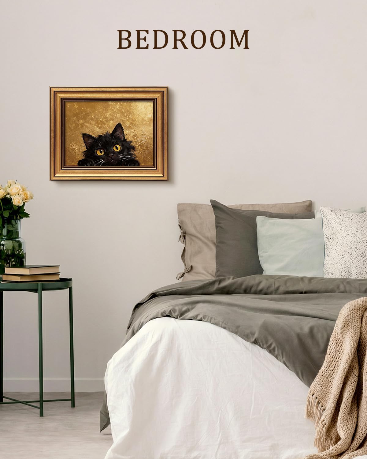 VIYYIEA Vintage Gold Framed Wall Art - Cute Black Cat Oil Painting for Home Décor | 8x10 Inch
