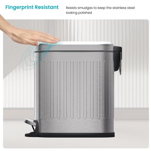 Home Zone Living 1.3 Gallon Small Trash Can with a Lid and Step Pedal, Stainless Steel with Slim Ribbed Design for Home and Office, Silver, 5 Liters