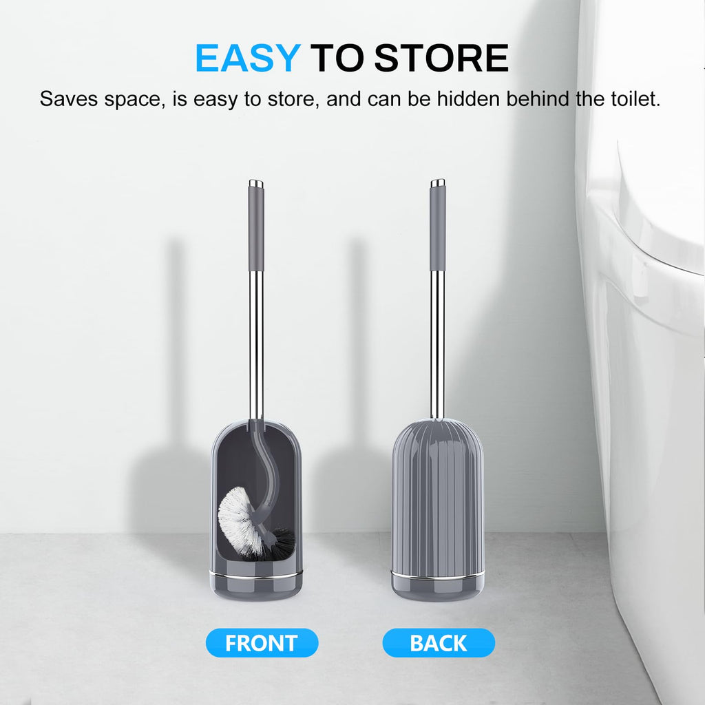 SetSail Toilet Brush and Holder Set, Compact Size Curved Toilet Bowl Brush for Bathroom Deep Cleaning with Stainless Steel Handle Toilet Cleaner Brush, Grey-2p