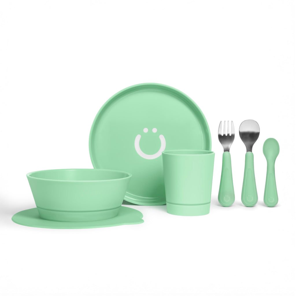 Ubbi Food-Grade Non-Toxic Toddler Feeding Set with Interchangeable Suction Base, Stainless Steel Utensils, BPA-Free, Stackable and Dishwasher-Safe, Self-Feeding for Baby-Led Weaning, Green