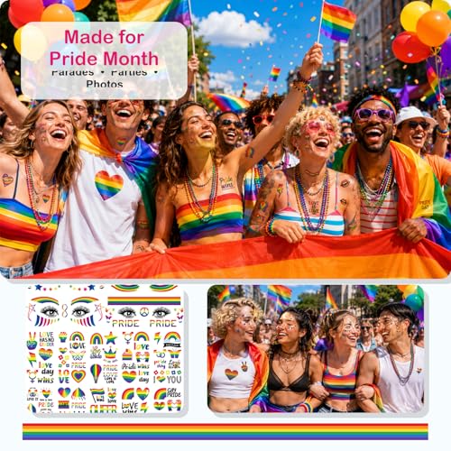 LINSYL 128+ Waterproof Pride Temporary Tattoos Rainbow LGBTQ Party Favors