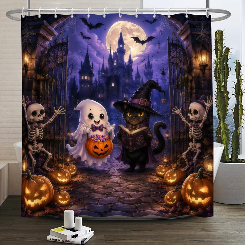 Cute Ghost Cat Halloween Shower Curtain 72x72 in Waterproof