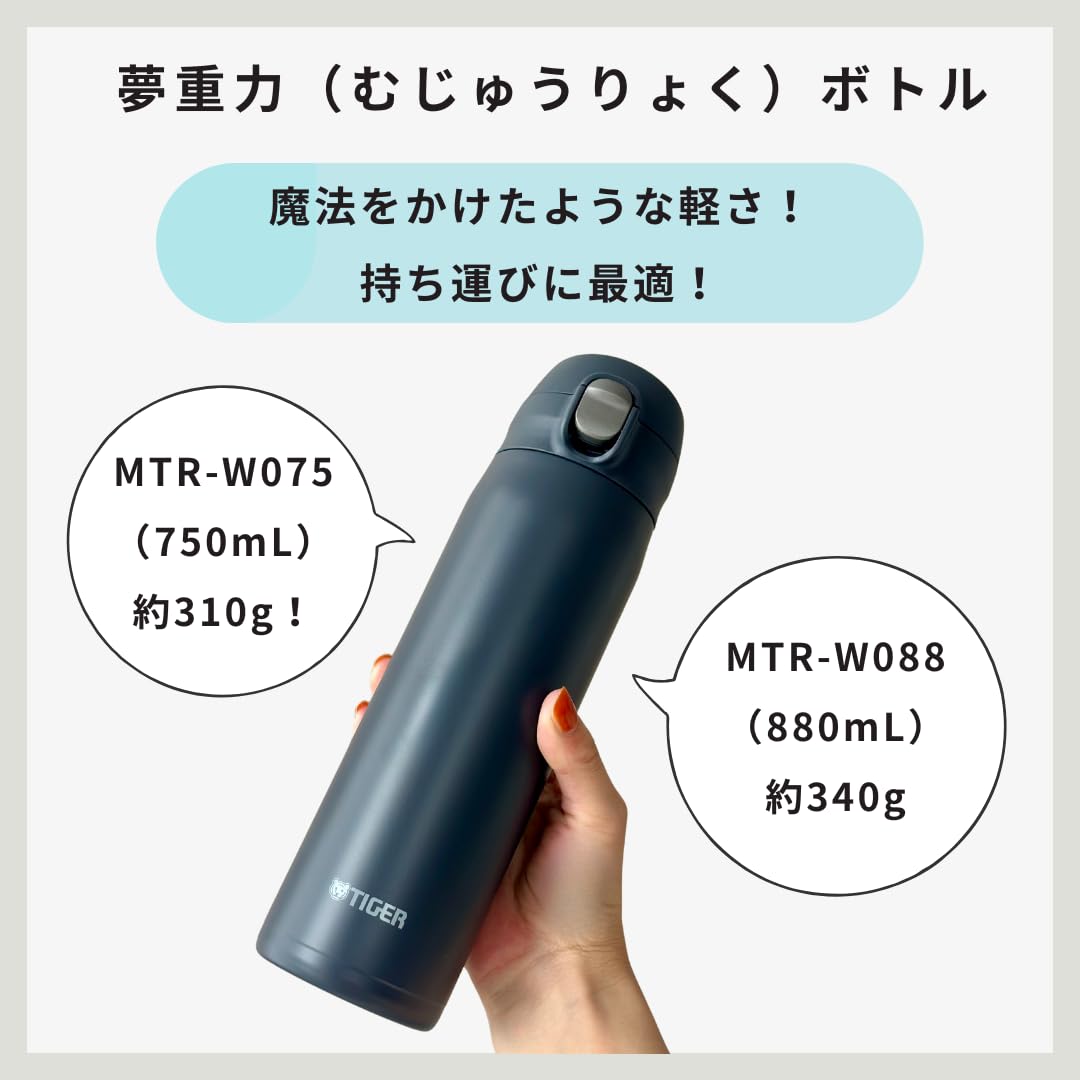 TIGER MTR-W088KA Water Bottle, 31.8 fl oz (880 ml), One Push, Stainless Steel Bottle, Easy to Drink Design, Integrated Lid and Seal for Easy Washing, Easy to Clean Cap, Vacuum Insulated, Mug, Hot and