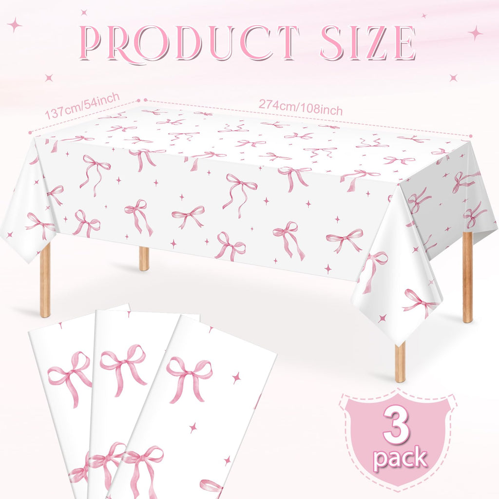 KEASKELL 3Pcs Coquette Party Tablecloths Decorations,Pink Bow Plastic Table Cover Disposable Rectangle Table Cloth for Girls Birthday Bridal Wedding Party Supplies,54x108 Inch