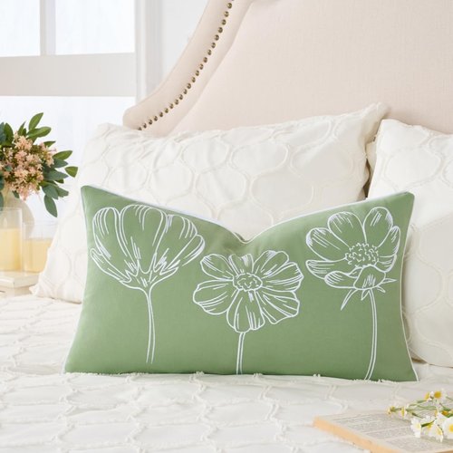 Sunkifover Decorative Floral Lumbar Pillow Cover 12x20 Inch Sage Green and White Cotton Embroidery Flower Throw Pillowcase Cushion Cover for Bed Bedroom, Living Room, Sofa