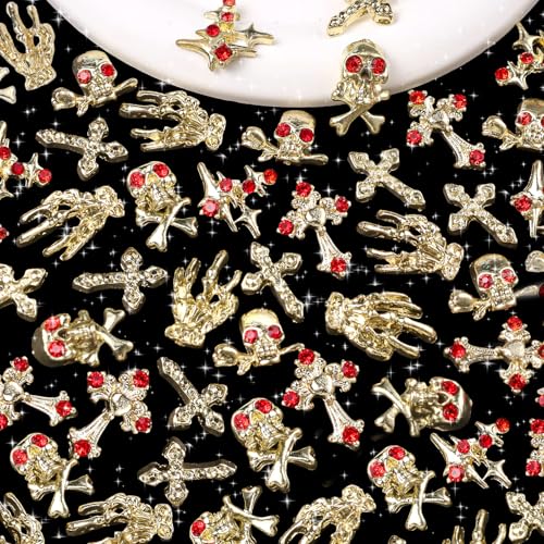 CESUSME 35 Pcs Gold Punk Nail Charms Alloy Skull Skeleton Hand Gems