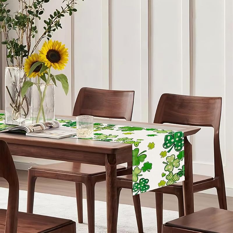 St. Patrick's Day Table Runner - 72x13 Inch Shamrock Linen Decor