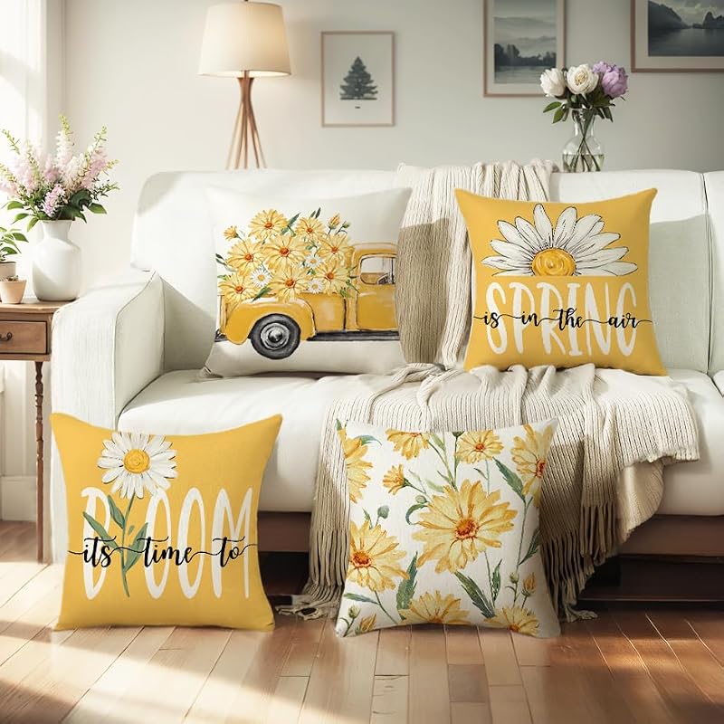 Farmhouse Floral Throw Pillow Covers - Set of 4, 18x18 Inches