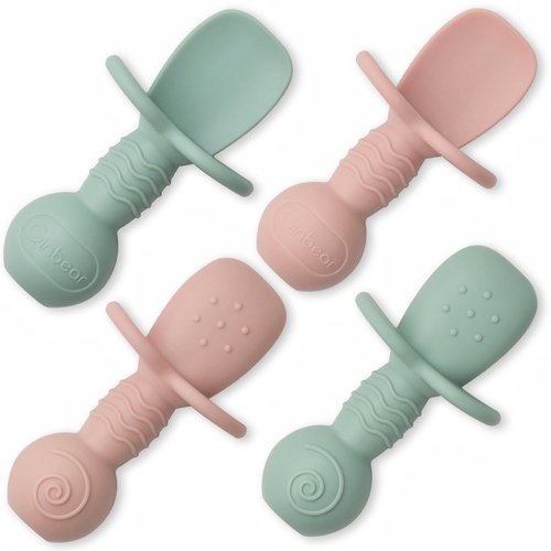 Ginbear Platinum Silicone Baby Spoons - Non-Toxic Self-Feeding Utensils for Infants | Pack of 4 (Hazy Green/Pink)