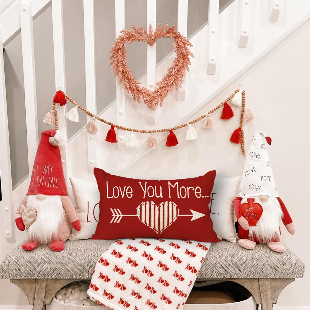 ARGOOFG Valentine Pillow Cover12 x 20 Inch, Love You More Arrow Love Heart Throw Decorative Outdoor Lumbar Red Cushion Cases for Valentines Decor Decorations for Home Couch Patio