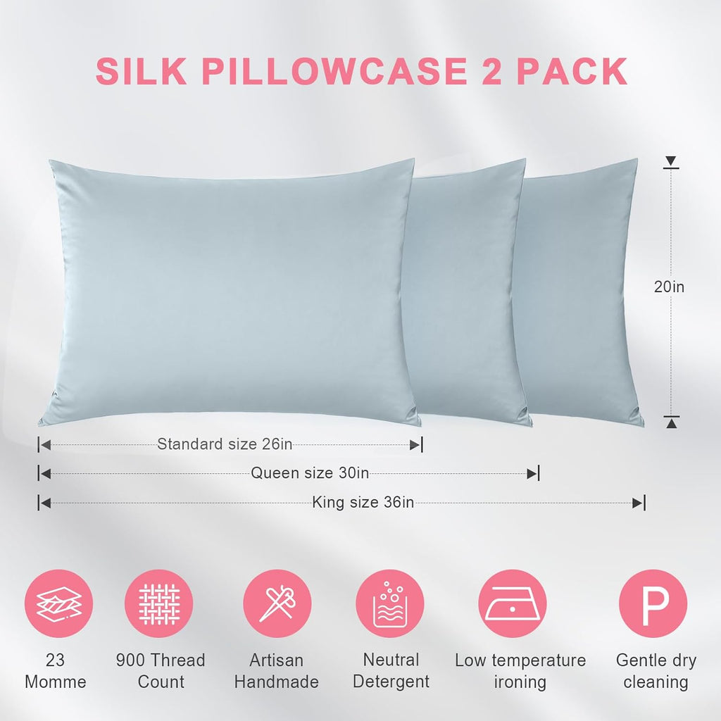 Skiennix 100% Silk Pillowcase Set - Luxurious 23 Momme Mulberry Silk for Hair & Skin | Ash Blue, Queen 20×30