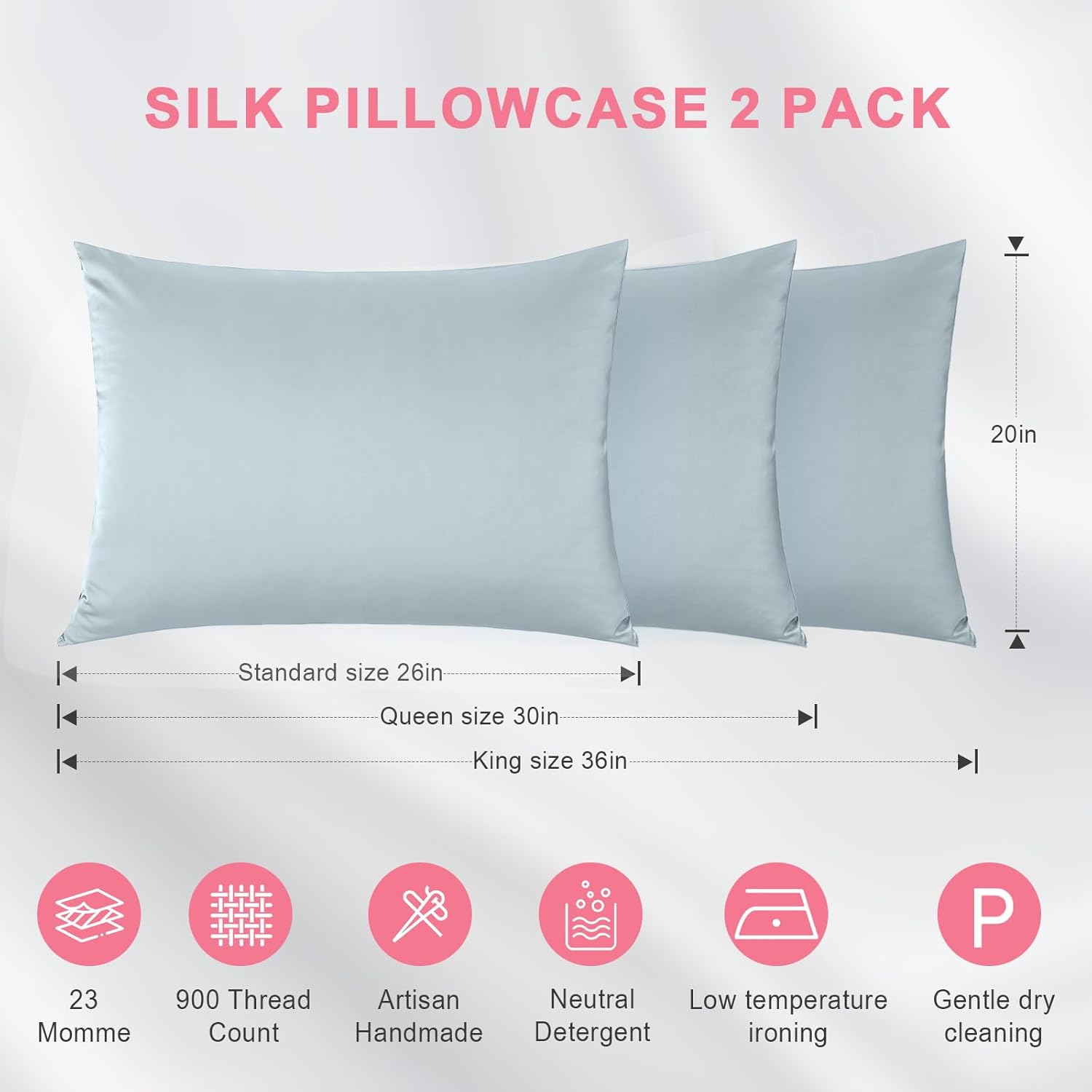 Skiennix 100% Silk Pillowcase Set - Luxurious 23 Momme Mulberry Silk for Hair & Skin | Ash Blue, Queen 20×30