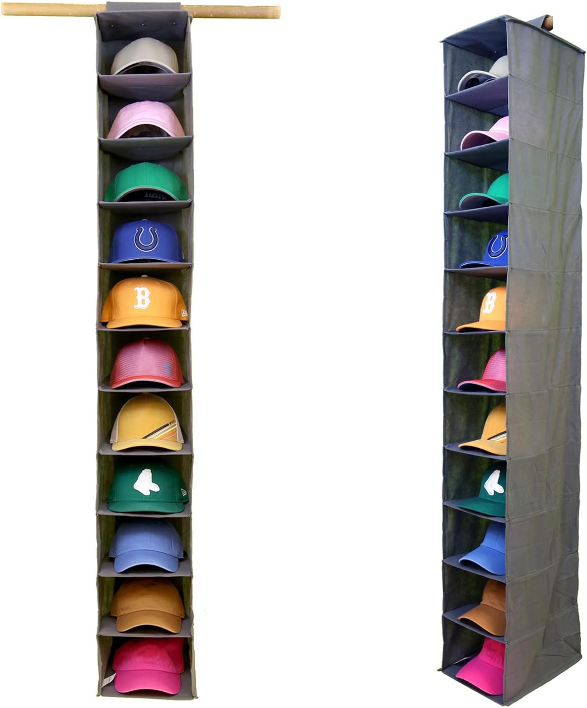 Perfect Curve 11-Pocket Baseball Hat Organizer - Gray Hat Storage Rack for Closet, Holds 100 Caps