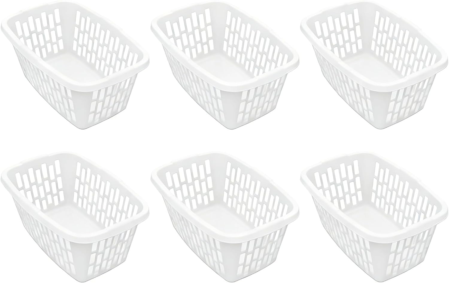 Skiennix 6-Pack Rectangular Plastic Laundry Baskets - Ventilated, Stackable & Portable, White