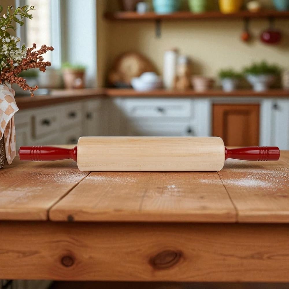 Fletchers' Mill Rolling Pin with Handles, Maple/Cinnabar - 12 inch, Professional Rolling Pins for Baking, Pasta, Pie, Cookie Dough, MADE IN U.S.A.