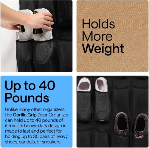 GORILLA GRIP Over The Door Shoe Organizer - 35 Large Breathable Mesh Pockets | Space-Saving Storage 68.5H x 24.5W Black
