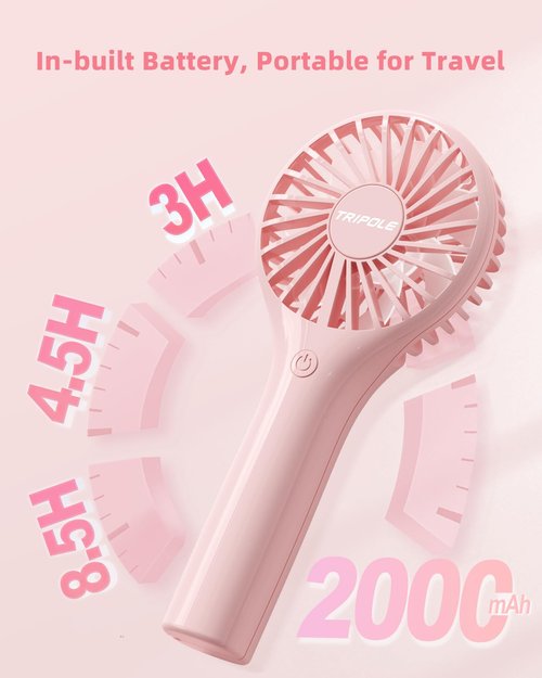 TriPole Portable Handheld Fan Mini Personal Fan 3 Speeds, Powerful Little Battery Hand Held Fans for Travel Trip Outdoor Concerts, Cute Small Rechargeable Lash Fans for Makeup Skincare Drying, Pink