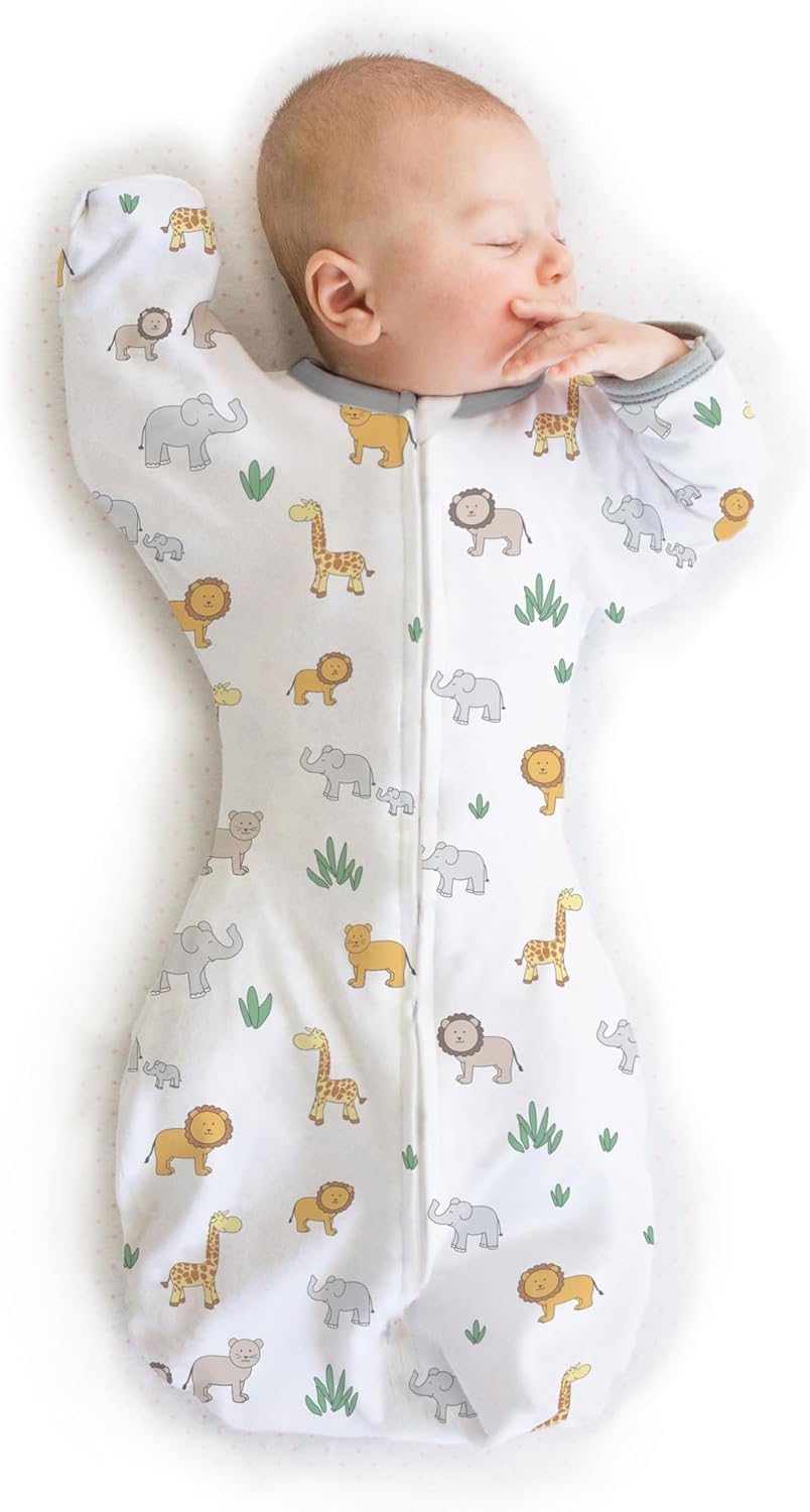 Skiennix Baby Swaddle Sack - Transitional Design with Arms Up Sleeves & Mitten Cuffs | Small, 0-3 Months, On Safari