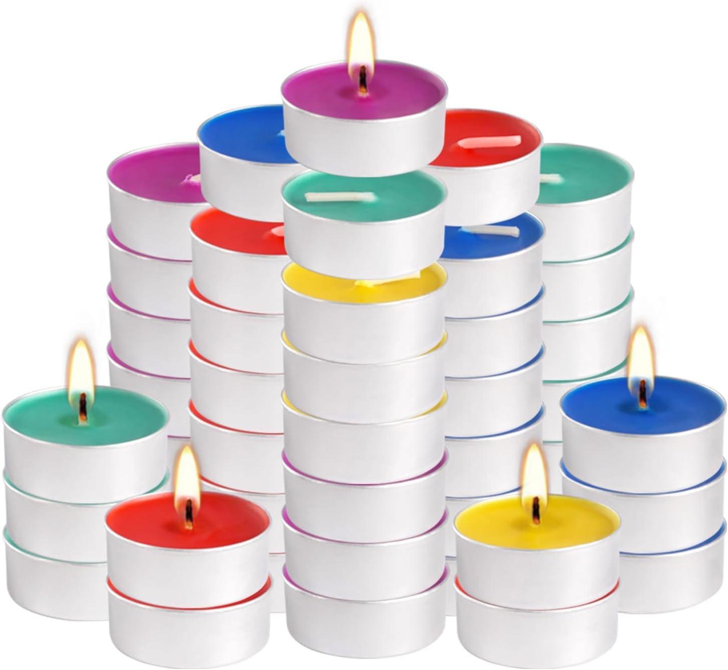 Tealight Candles | 50 Pack Unscented Assorted Colors - 4+ Hour Clean-Burning Votive for Home Decor & Relaxation