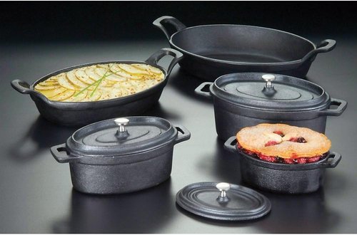 American Metalcraft Cast Iron Oval Casserole Pan - Durable with Handles, 12" L x 6.75" W, Black