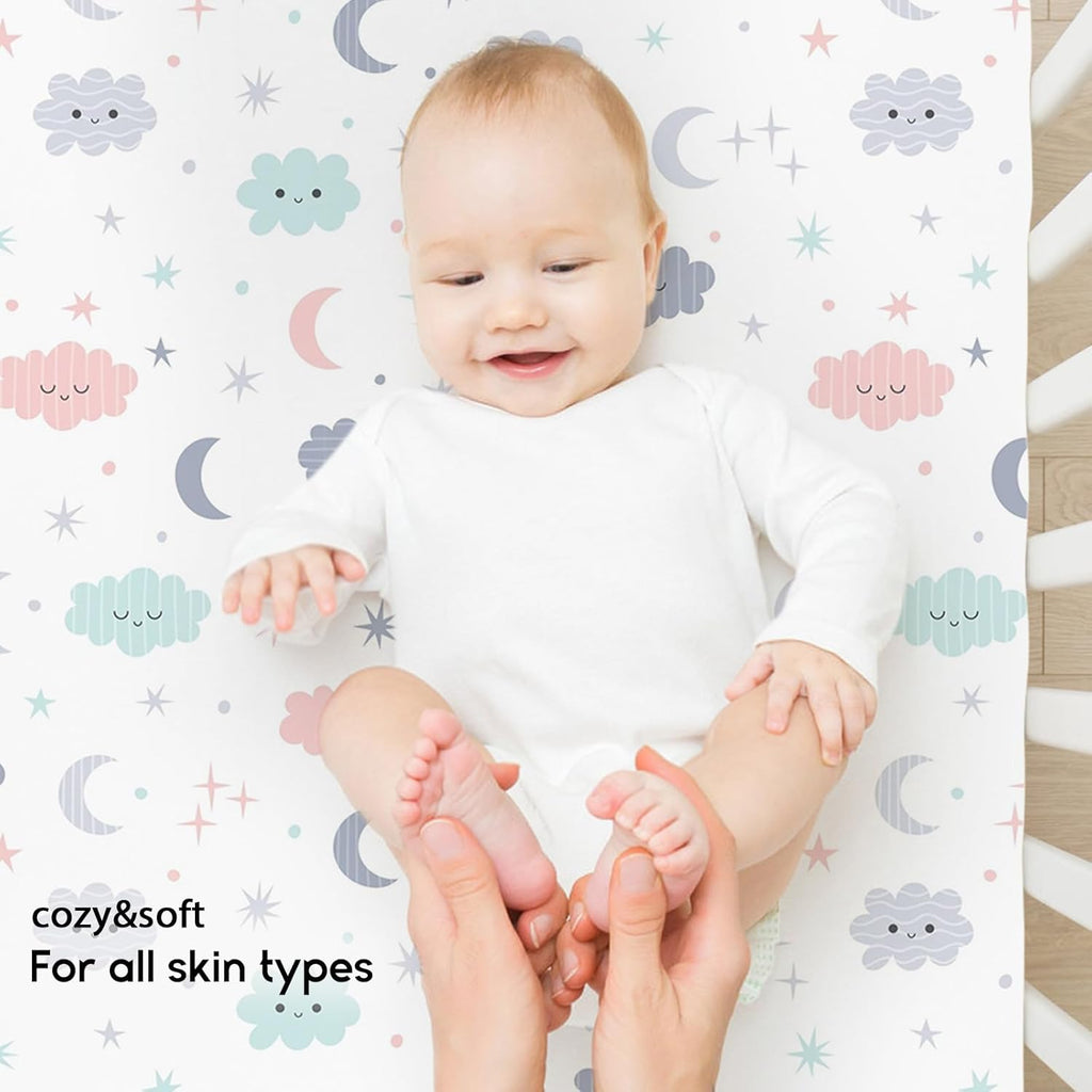 Yoofoss Fitted Pack and Play Sheets - Soft, Stretchy Mini Crib Sheets 2-Pack | Breathable Cloud Design