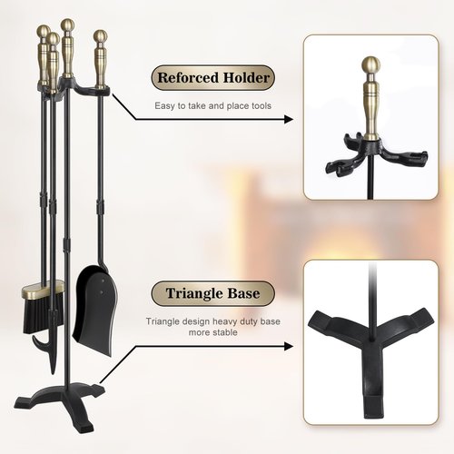 Gtongoko Fireplace Tools Set 4 Pcs 30 Inch Brass Handles Wrought Iron Large Fire Tool Set for Outdoor/Indoor Include Chimney Poker, Antique Shovel, Rustic Brush and Stand Accessories Set