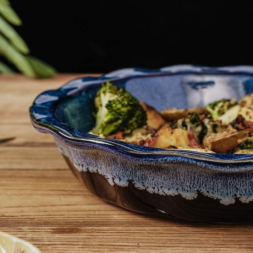 KOOV Ceramic Pie Plate - 9 Inch Round Baking Dish for Desserts | Reactive Glaze in Nebula Blue