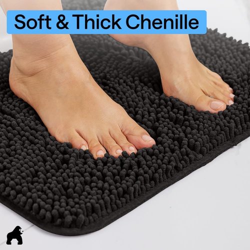 GORILLA GRIP Plush Chenille Bath Rug Mat - Soft, Absorbent, Machine Washable | Black, Square Toilet Base
