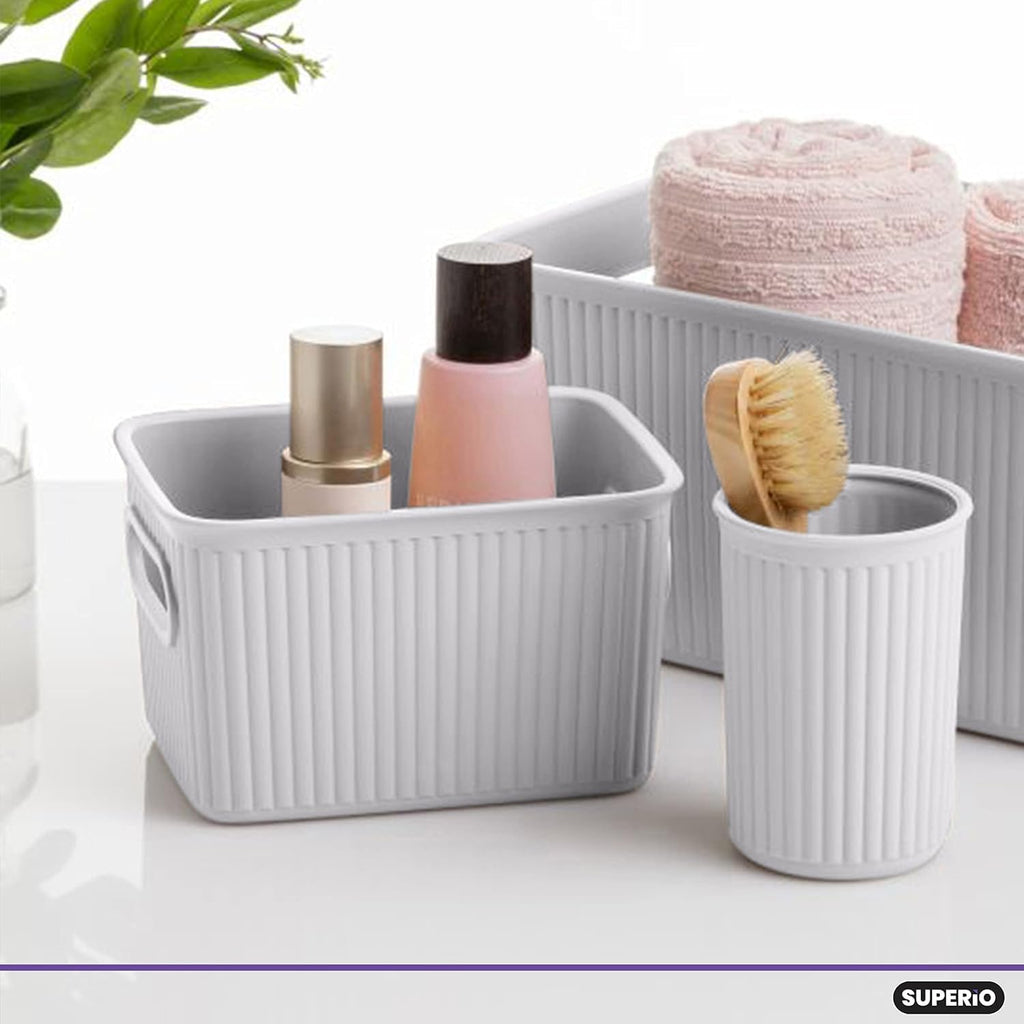 Ribbed Collection Decorative Plastic Storage Bins - Small White Smoke Organizer (4 Pack) for Closet & Drawer