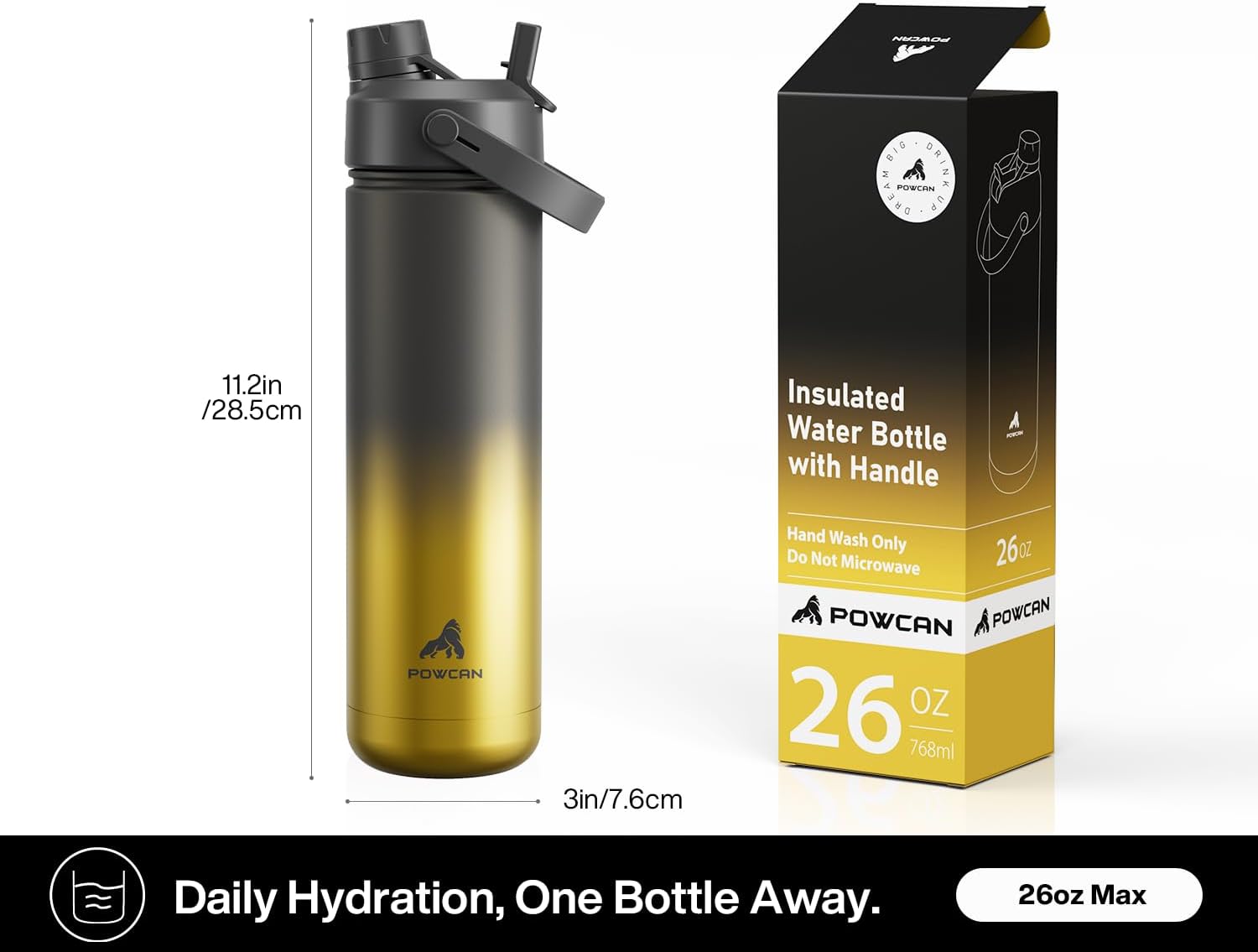 POWCAN 26 oz Insulated Water Bottle - 2-in-1 Straw & Spout Lid | Keeps Drinks Cold for 24H, Leak-Proof, Fits Car Cup Holder (King)