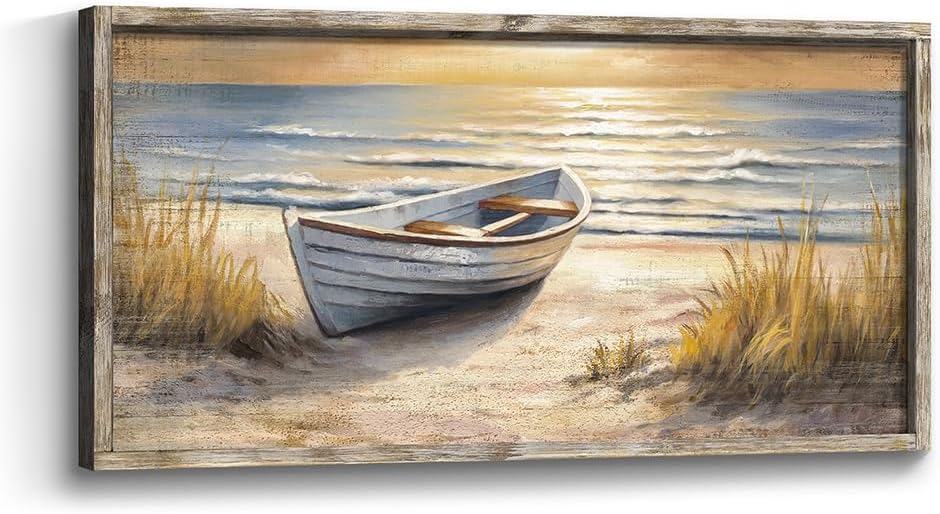 Skiennix Coastal Wall Art - Ocean Boat Sunset Painting | Seascape Decor for Living Room, 40”x20”
